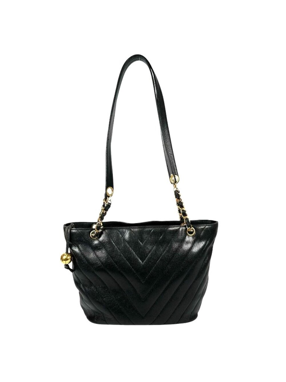 Chanel V-stitch Chain Caviar Leather Black Shoulder Bag Gold